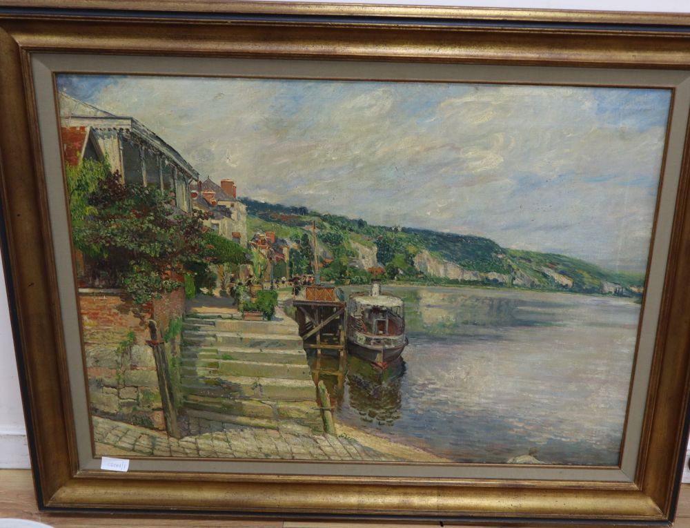 French School, oil on canvas, Lakeside scene with steamer, 72 x 99cm